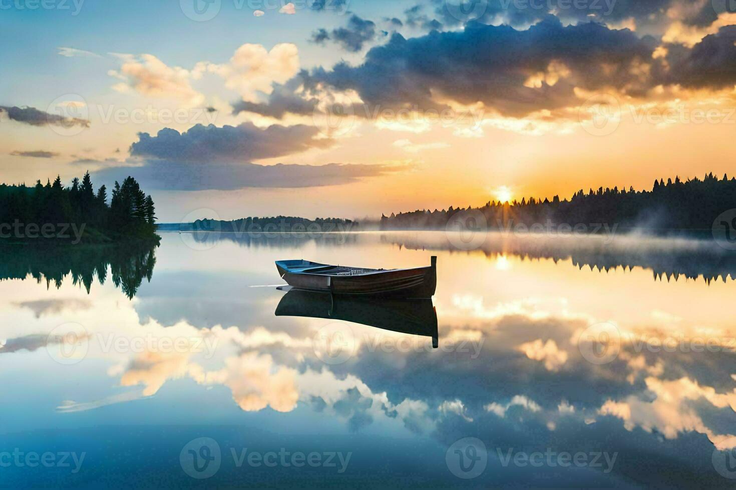 een boot is drijvend Aan een kalmte meer Bij zonsondergang. ai-gegenereerd foto