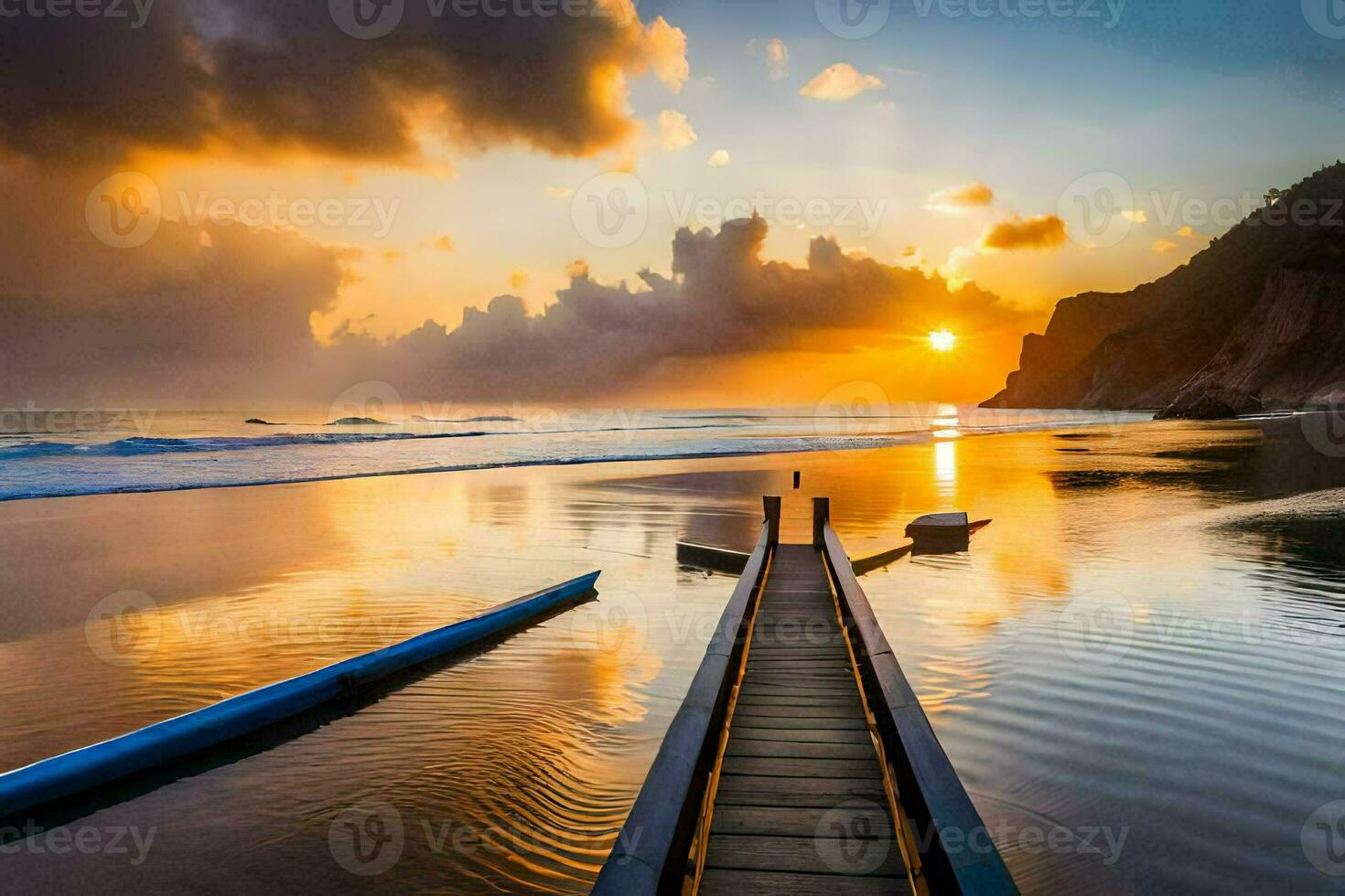 de zon sets over- de oceaan en een houten dok. ai-gegenereerd foto