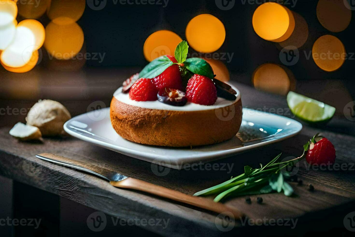 een toetje met aardbeien en room Aan een bord. ai-gegenereerd foto