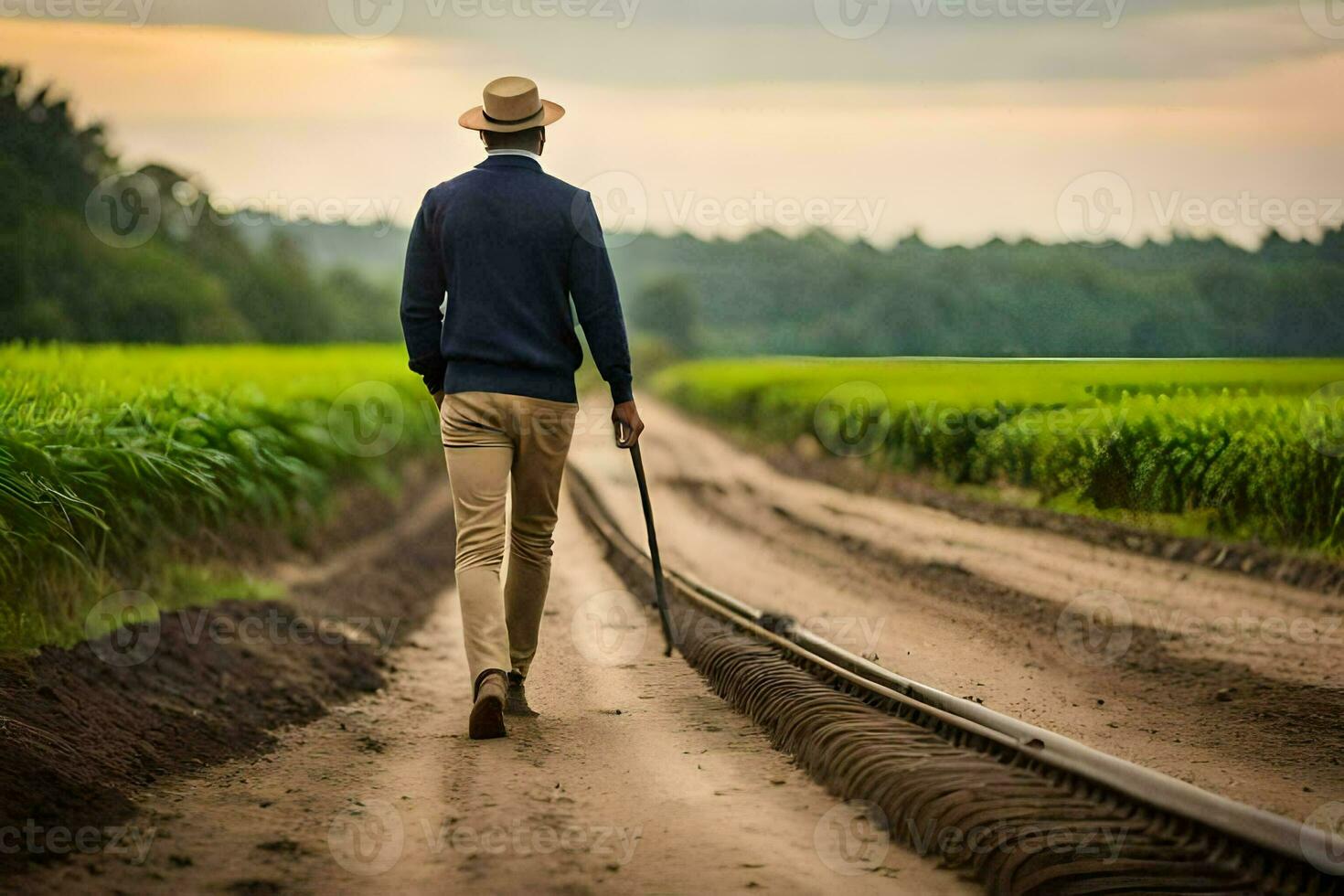 een Mens wandelen Aan een aarde weg met een riet. ai-gegenereerd foto