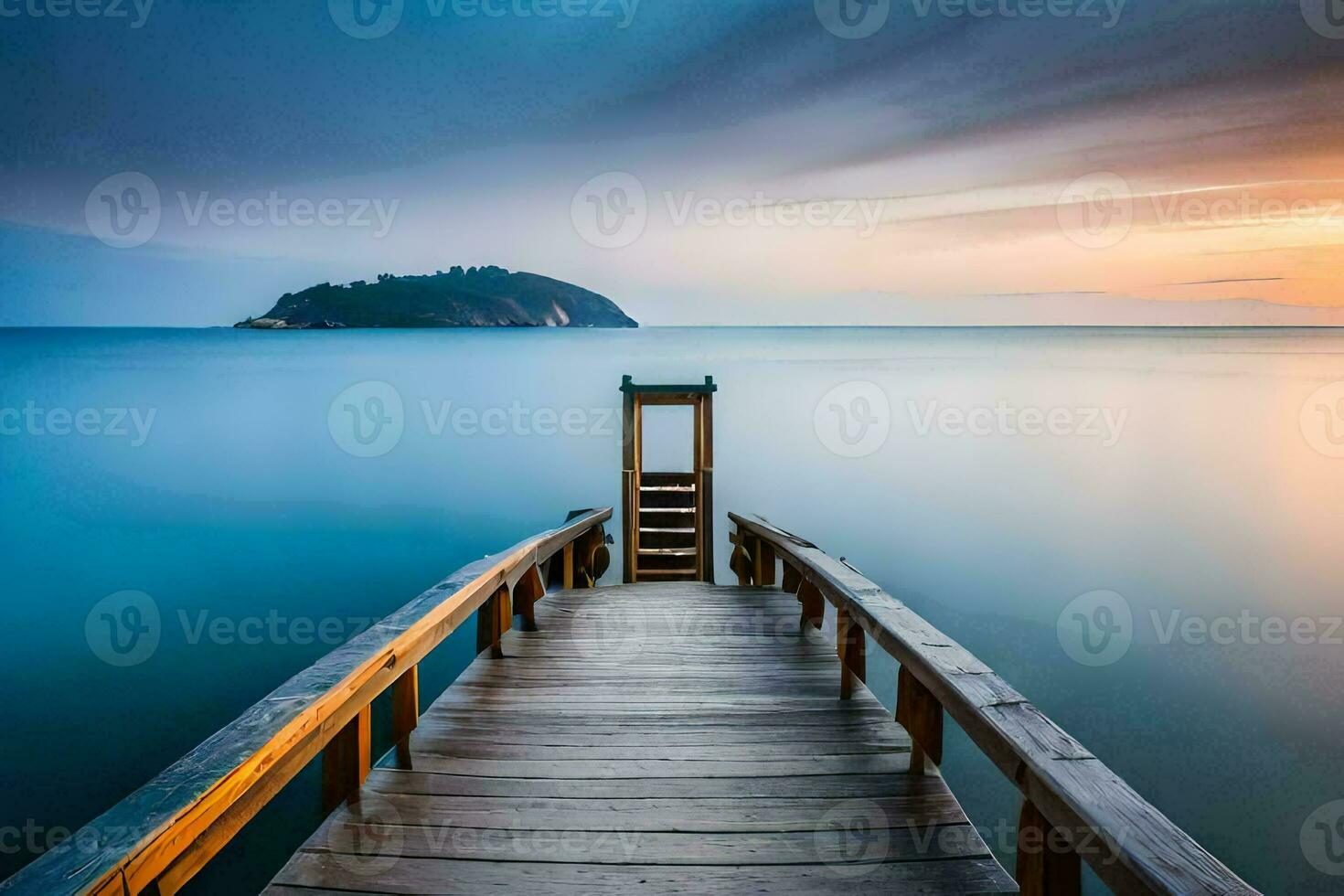 een houten pier Leidt naar de oceaan Bij zonsondergang. ai-gegenereerd foto