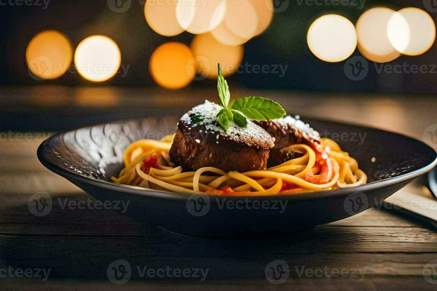 een bord van spaghetti met vlees en saus Aan een houten tafel. ai-gegenereerd foto