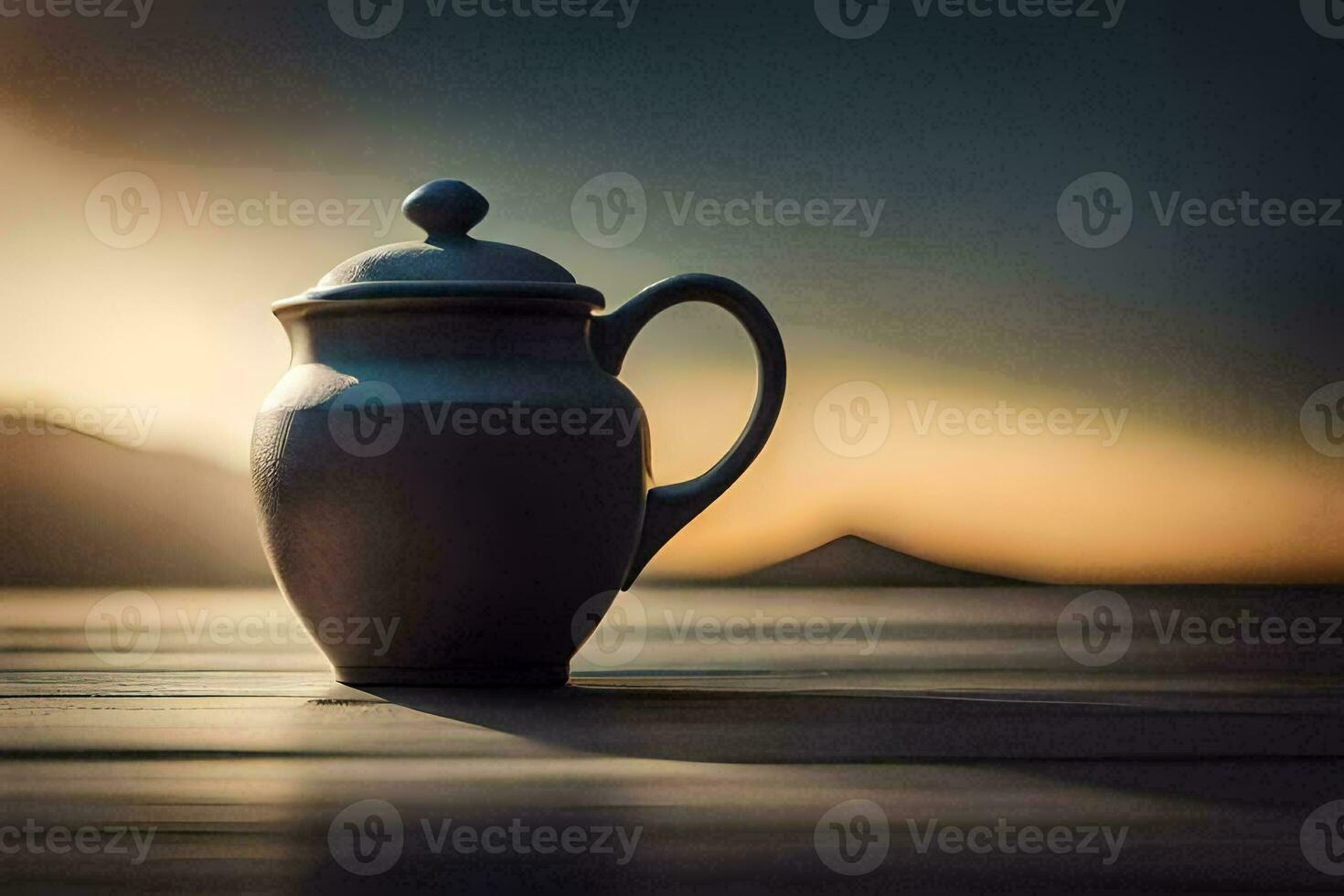 een theepot zittend Aan een houten tafel in voorkant van een zonsondergang. ai-gegenereerd foto
