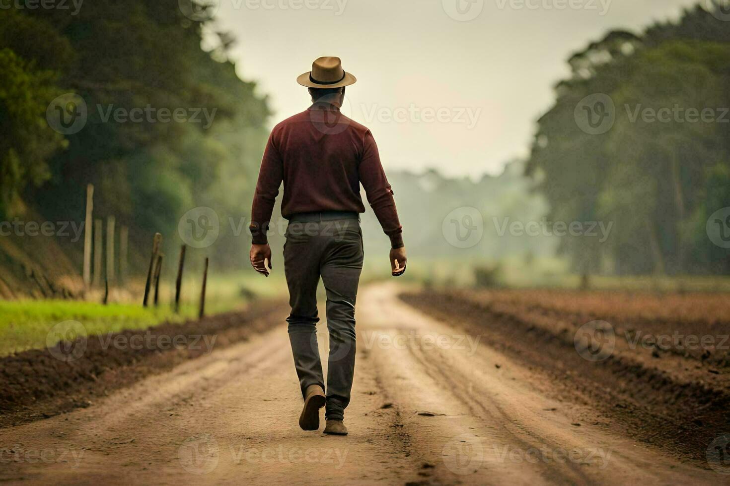 een Mens in een hoed wandelingen naar beneden een aarde weg. ai-gegenereerd foto