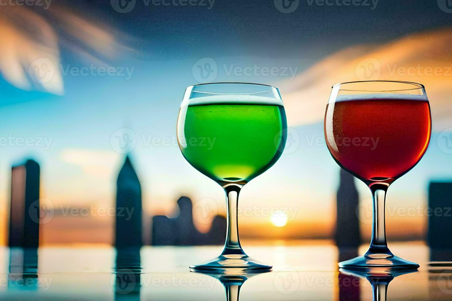 twee bril van rood en groen vloeistof met stad horizon in de achtergrond. ai-gegenereerd foto