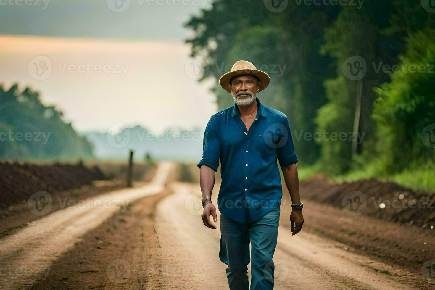 een oud Mens wandelen naar beneden een aarde weg. ai-gegenereerd foto