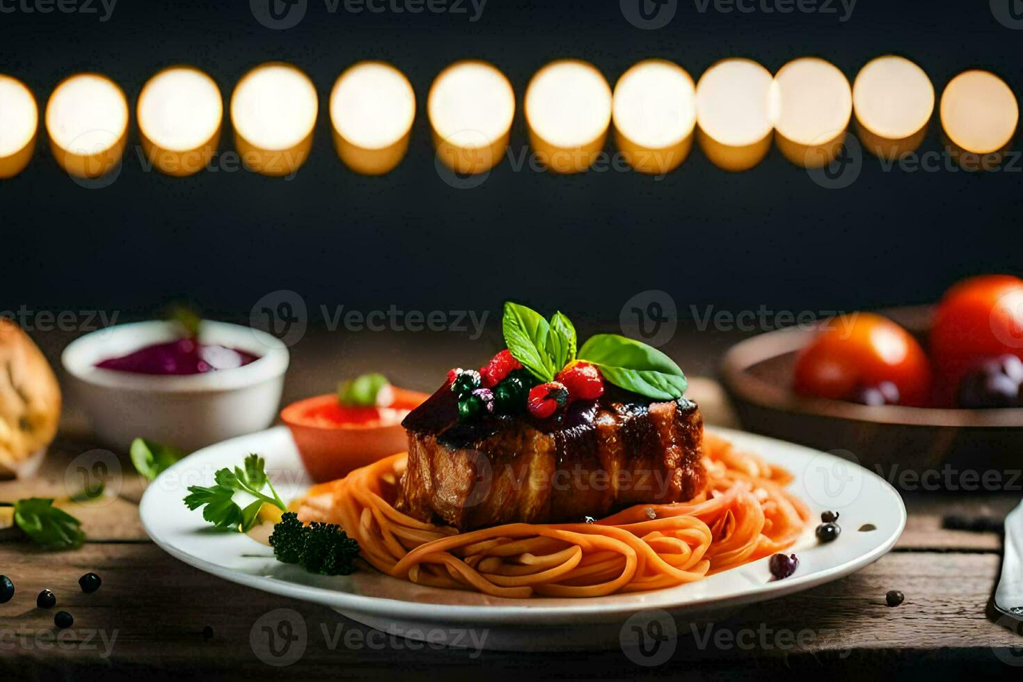 een bord van spaghetti met vlees en tomaat saus. ai-gegenereerd foto