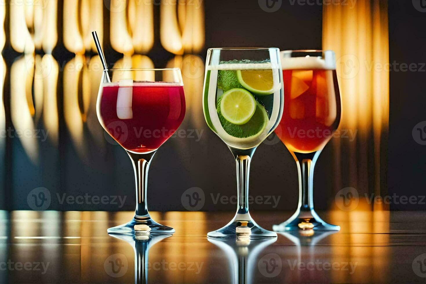 drie bril van verschillend drankjes Aan een tafel. ai-gegenereerd foto