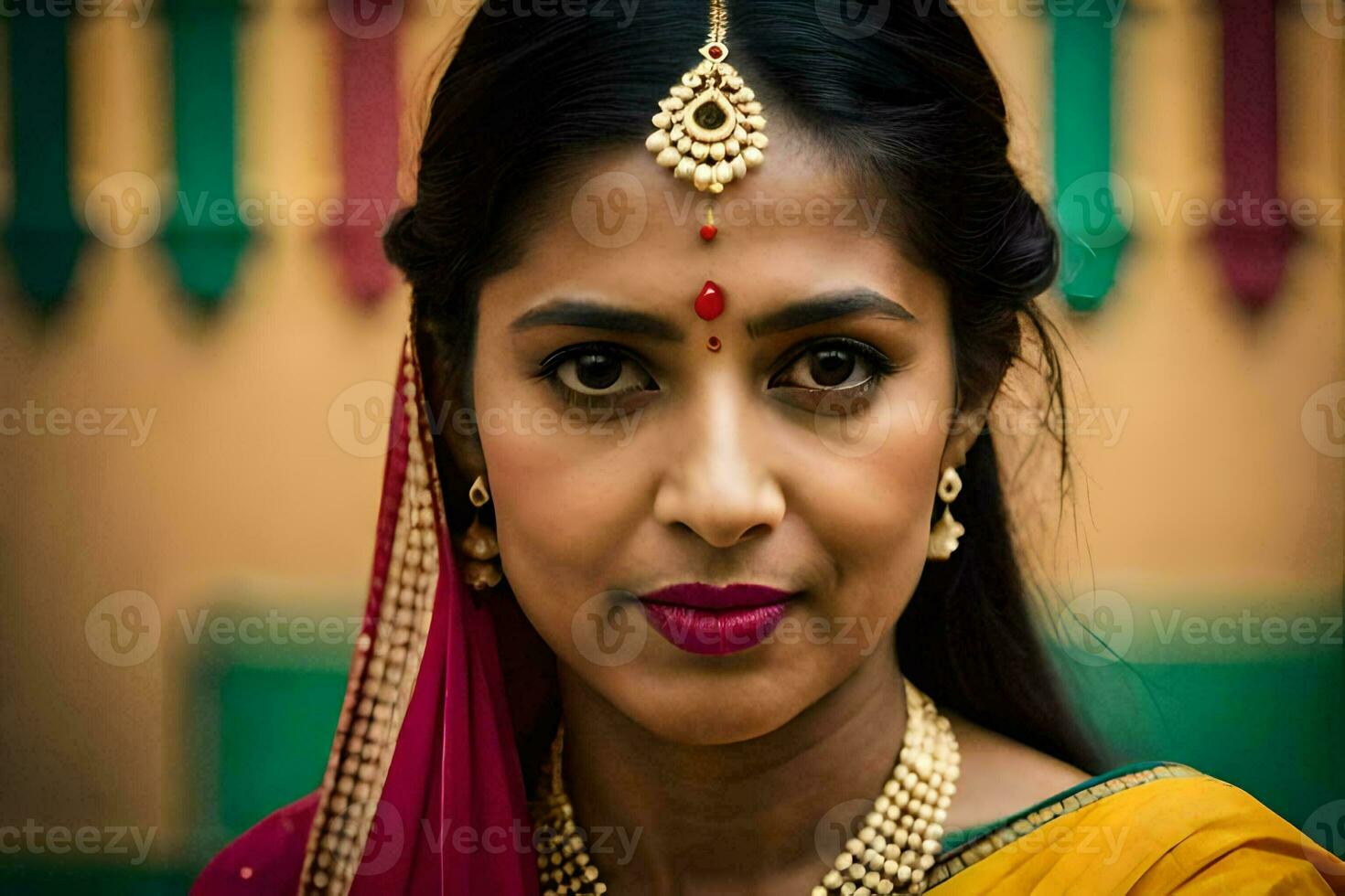 een vrouw in een traditioneel sari met goud sieraden. ai-gegenereerd foto
