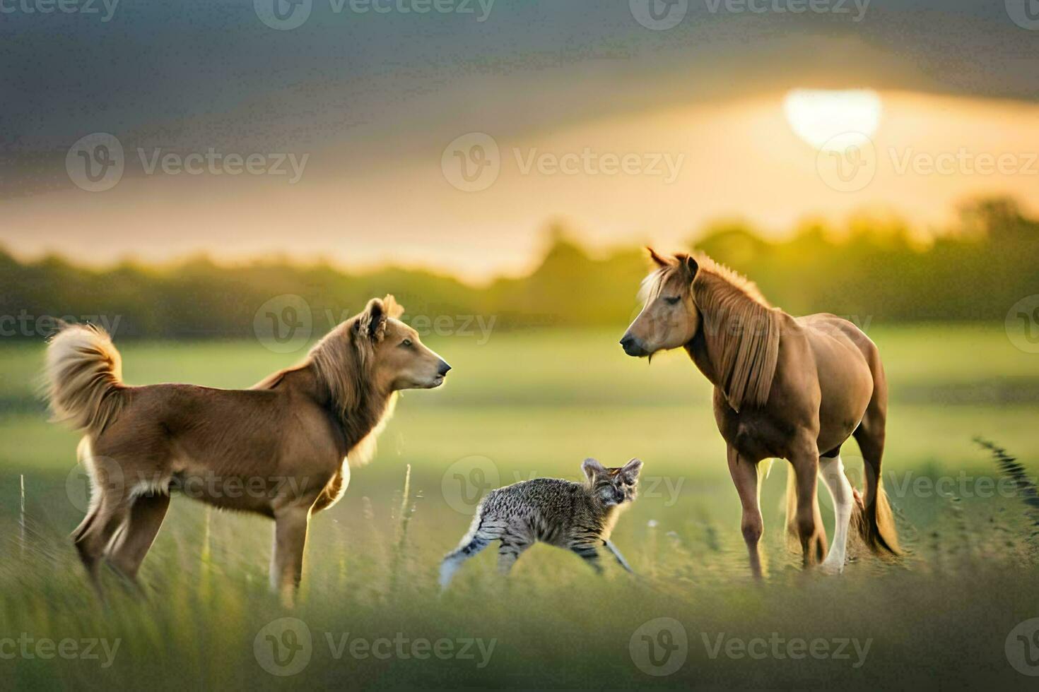twee paarden en een kat in een veld- Bij zonsondergang. ai-gegenereerd foto