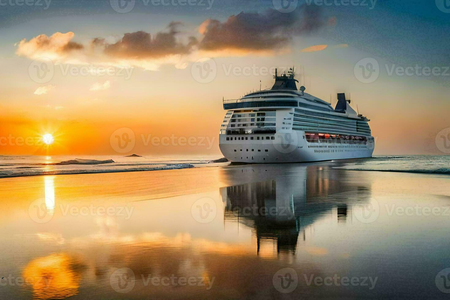 een reis schip Bij zonsondergang Aan de strand. ai-gegenereerd foto