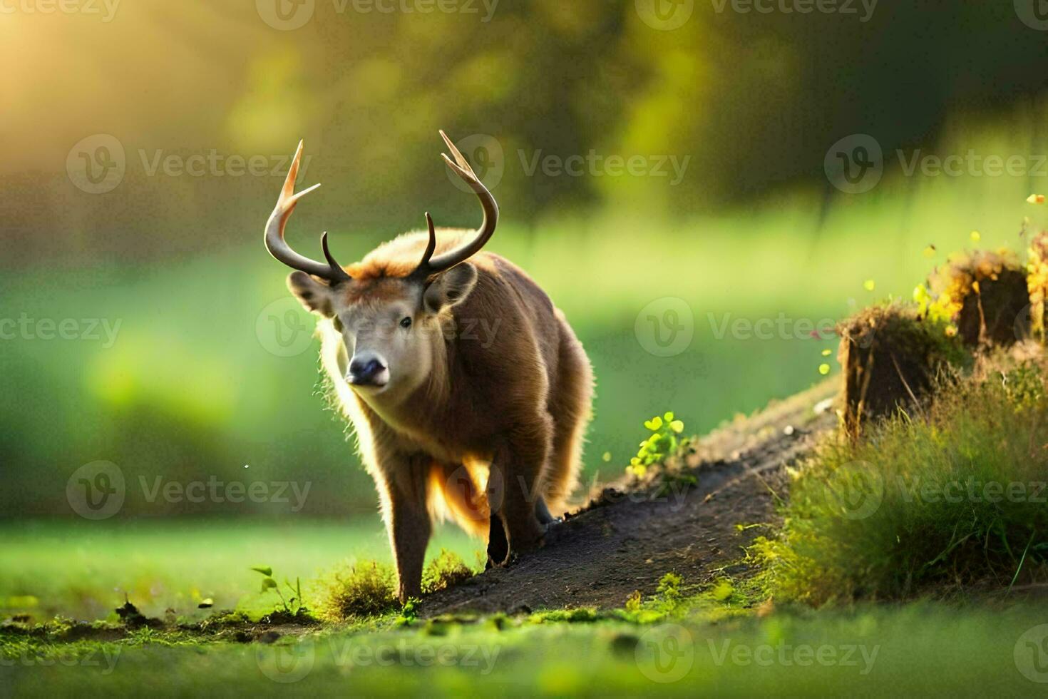 een hert met groot hoorns staand in de gras. ai-gegenereerd foto