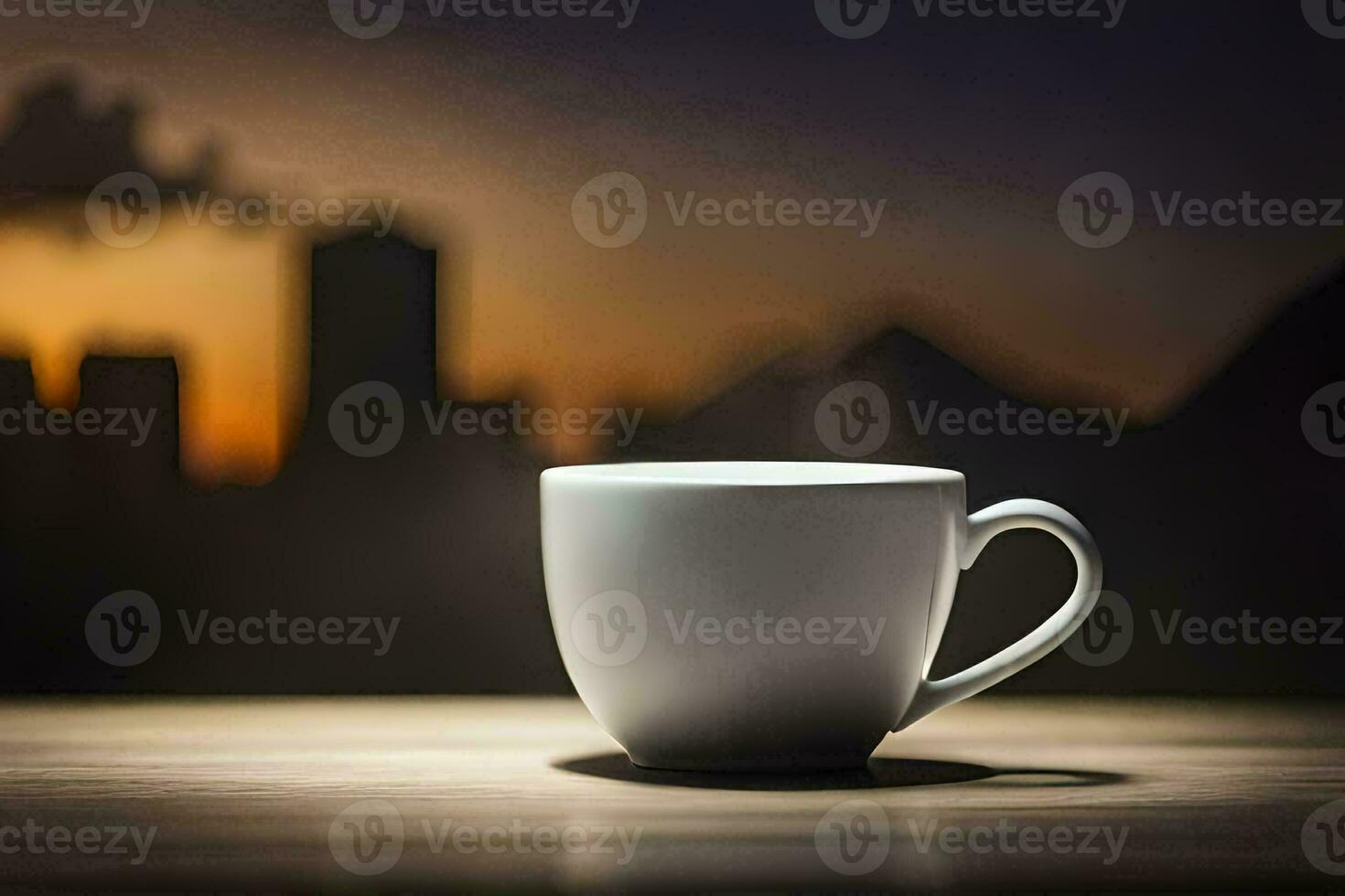 een koffie kop zit Aan een tafel in voorkant van een stad horizon. ai-gegenereerd foto