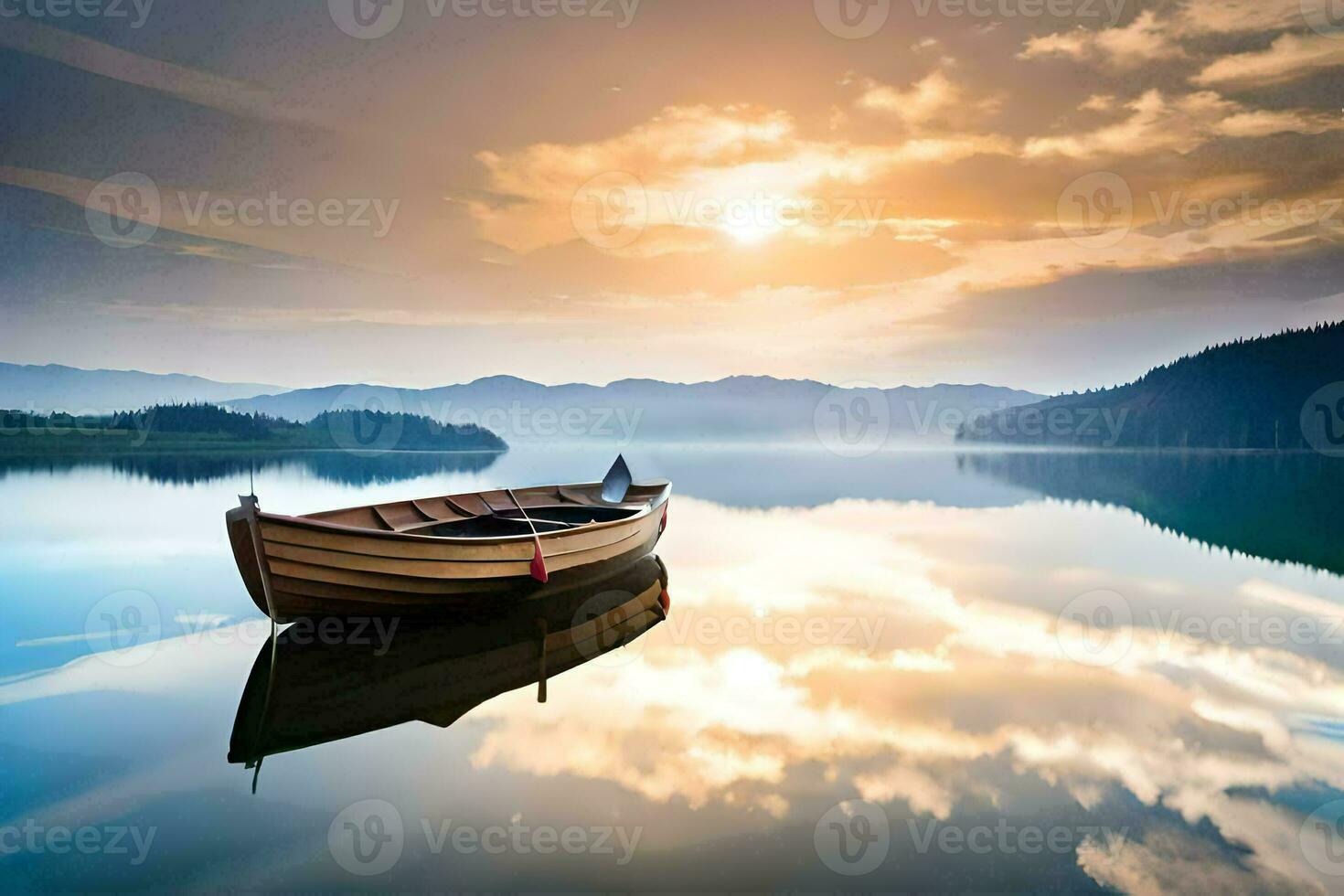 een boot Aan een meer Bij zonsondergang. ai-gegenereerd foto