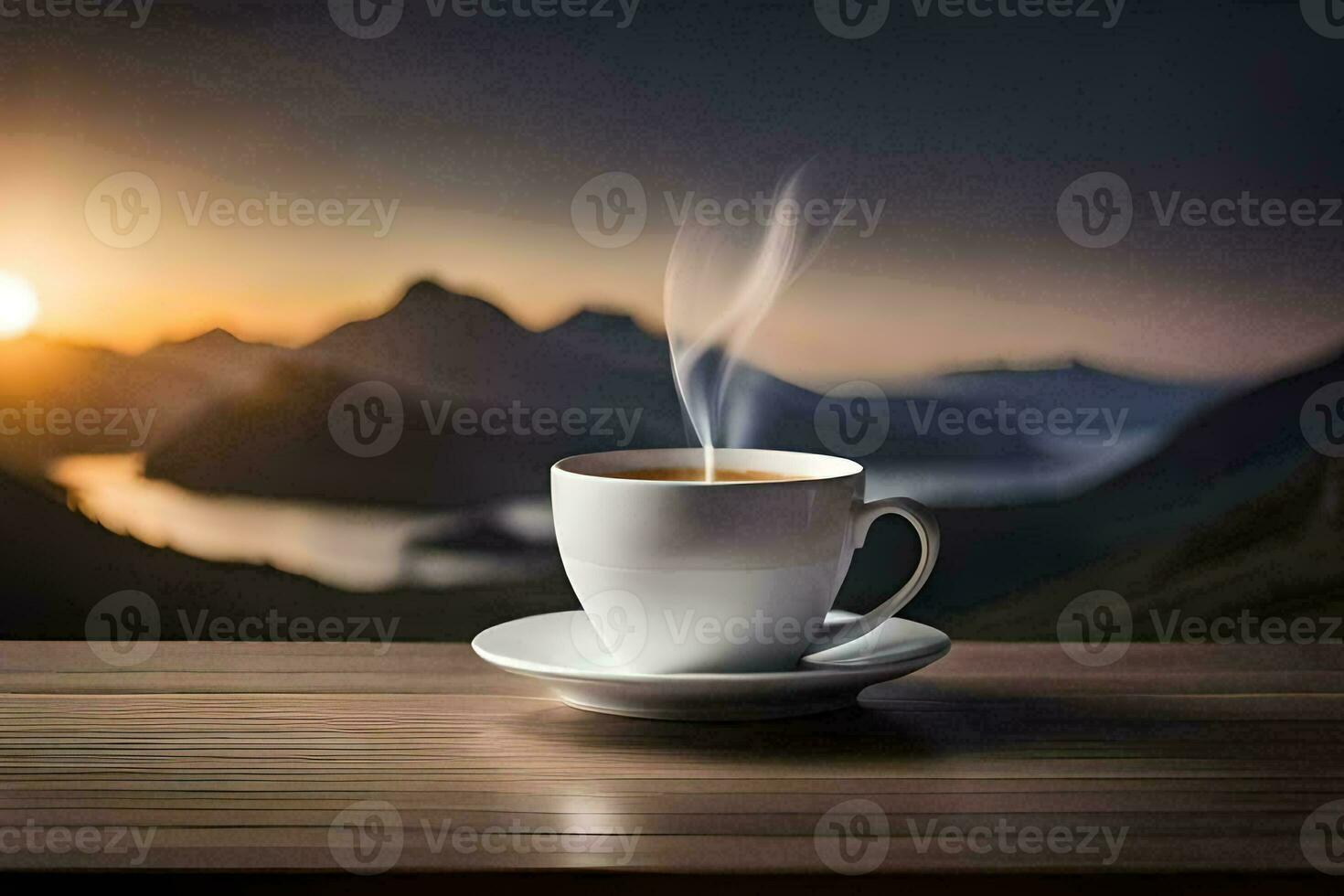 een kop van koffie Aan een houten tafel met bergen in de achtergrond. ai-gegenereerd foto