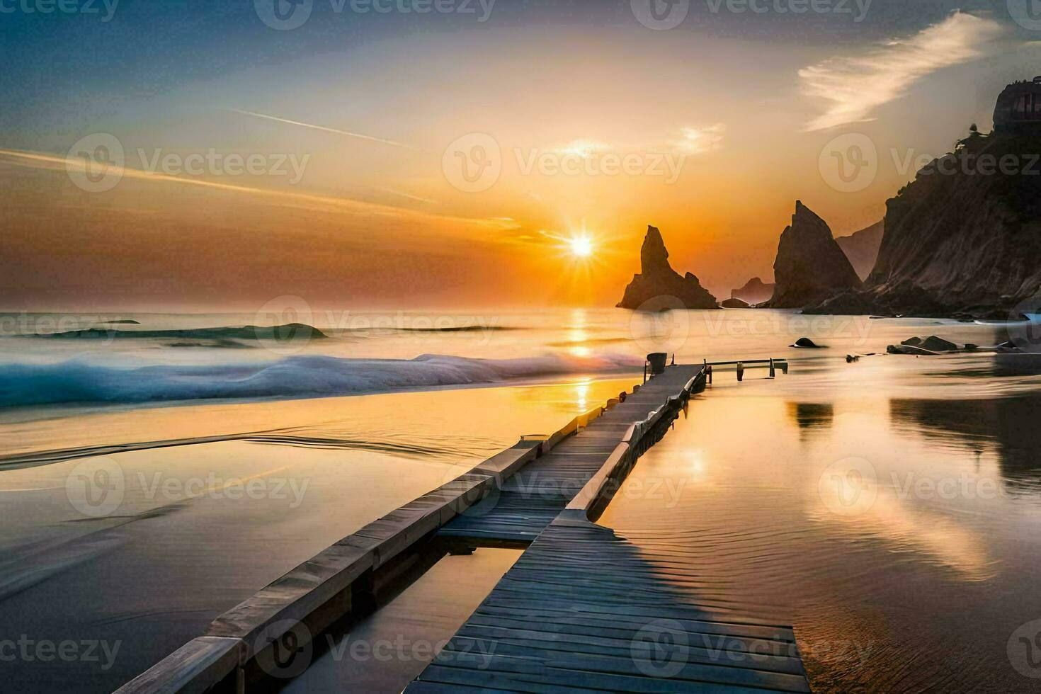 de zon sets over- de oceaan en een houten pier. ai-gegenereerd foto