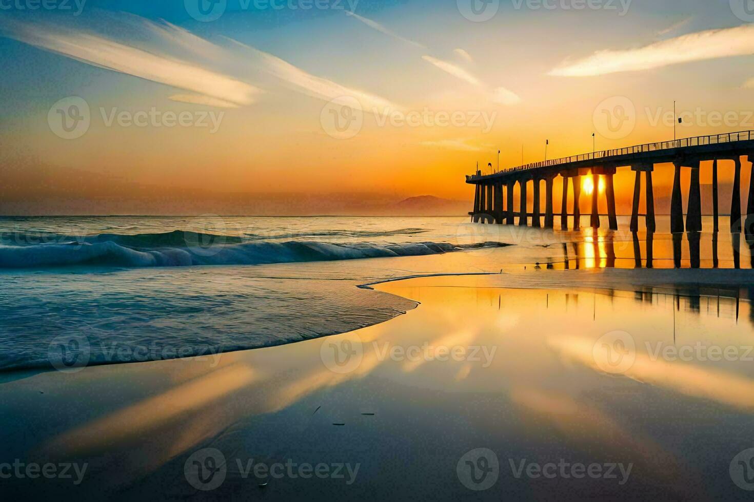 de zon sets over- een pier en golven. ai-gegenereerd foto