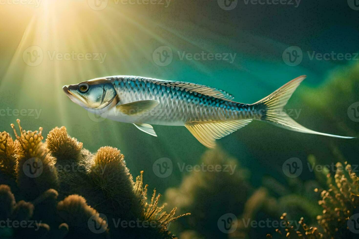 een vis zwemmen in de oceaan met zonlicht schijnt. ai-gegenereerd foto