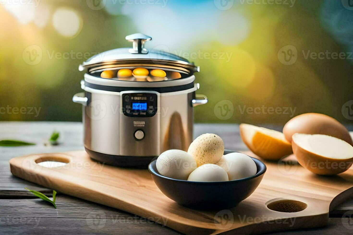 een elektrisch druk kookplaat met eieren en een mes. ai-gegenereerd foto