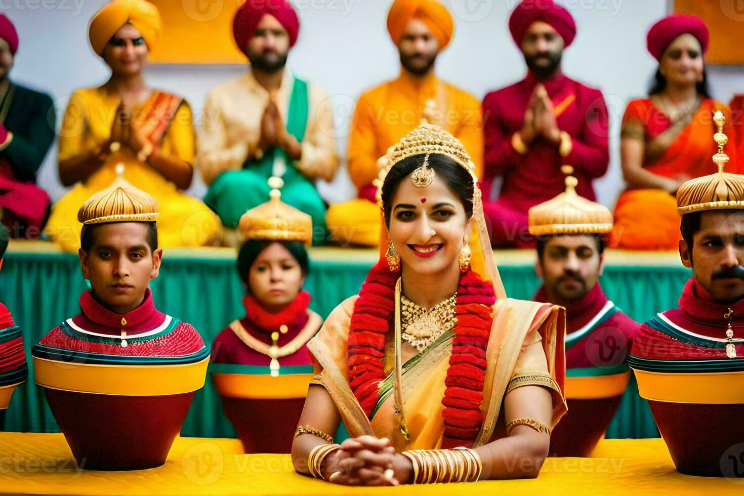 een bruid in Indisch kleding met haar familie. ai-gegenereerd foto