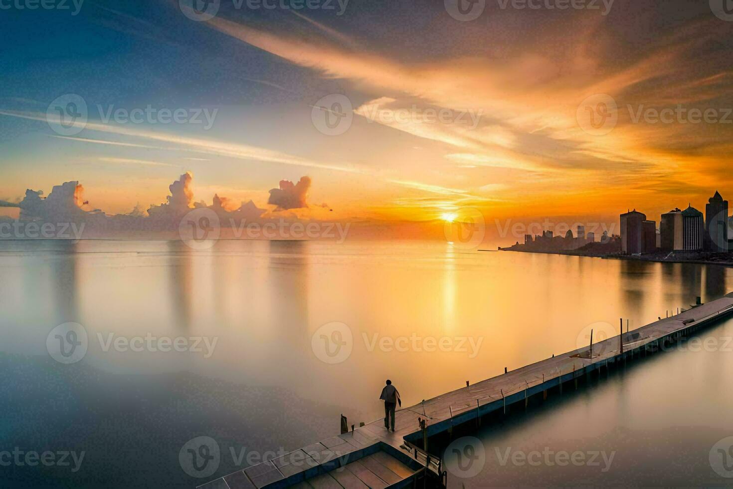 een Mens staat Aan een pier op zoek Bij de zon instelling over- de water. ai-gegenereerd foto