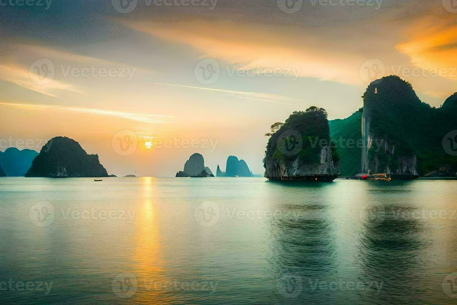 de zon sets over- de water in Halong baai, Vietnam. ai-gegenereerd foto