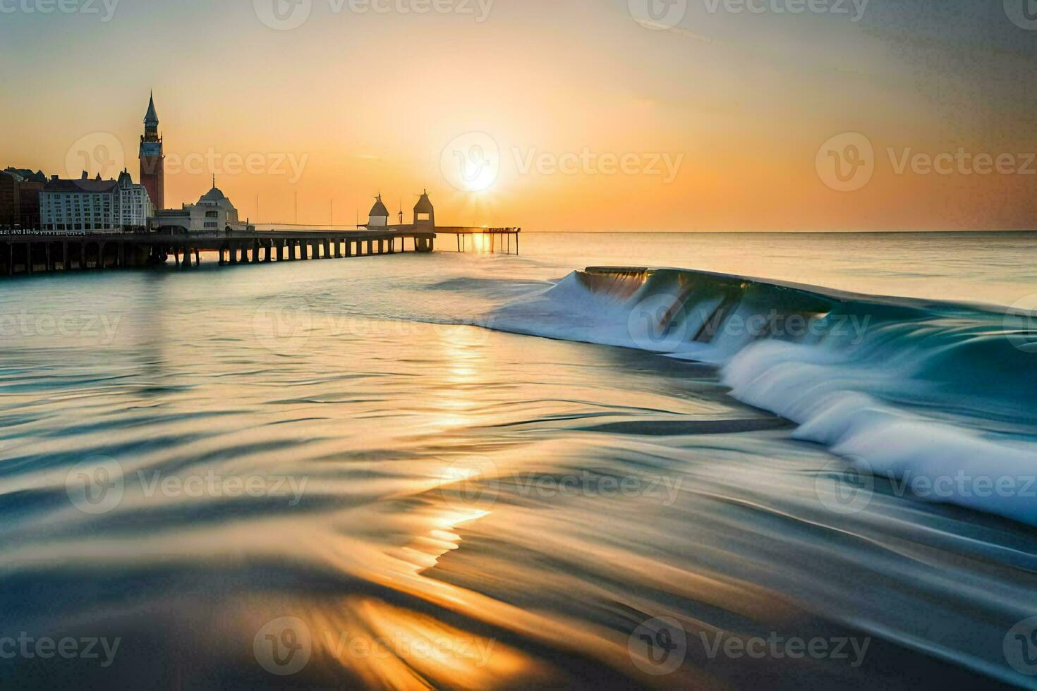 de zon stijgt over- de water en pier in deze foto. ai-gegenereerd foto