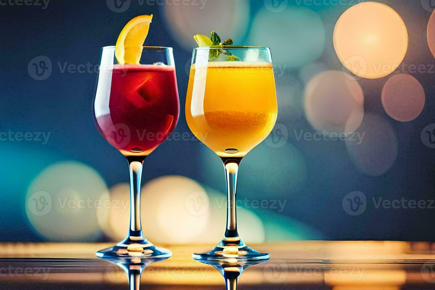 twee bril van cocktails met oranje en citroen plakjes. ai-gegenereerd foto