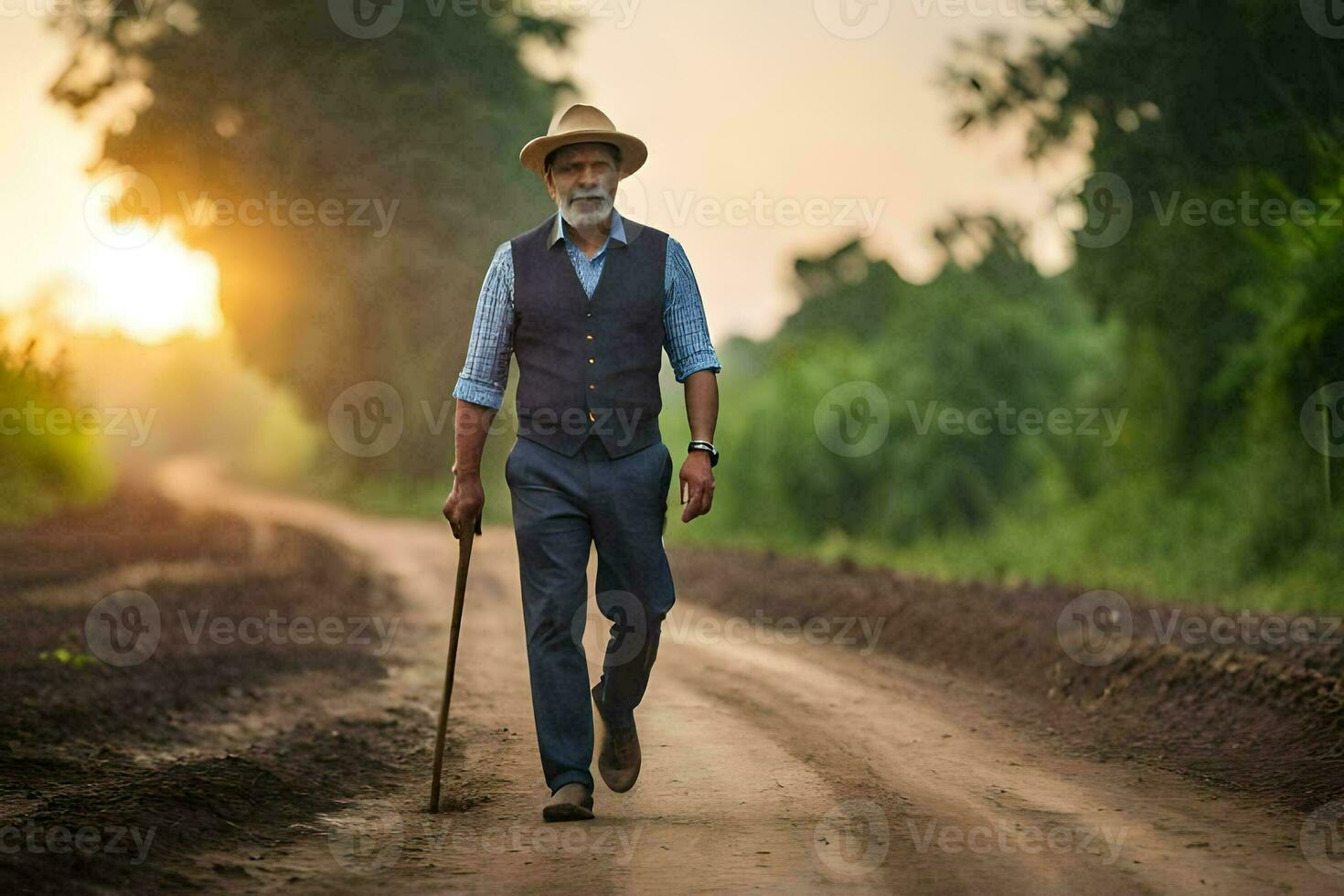 een oud Mens wandelen naar beneden een aarde weg met een riet. ai-gegenereerd foto