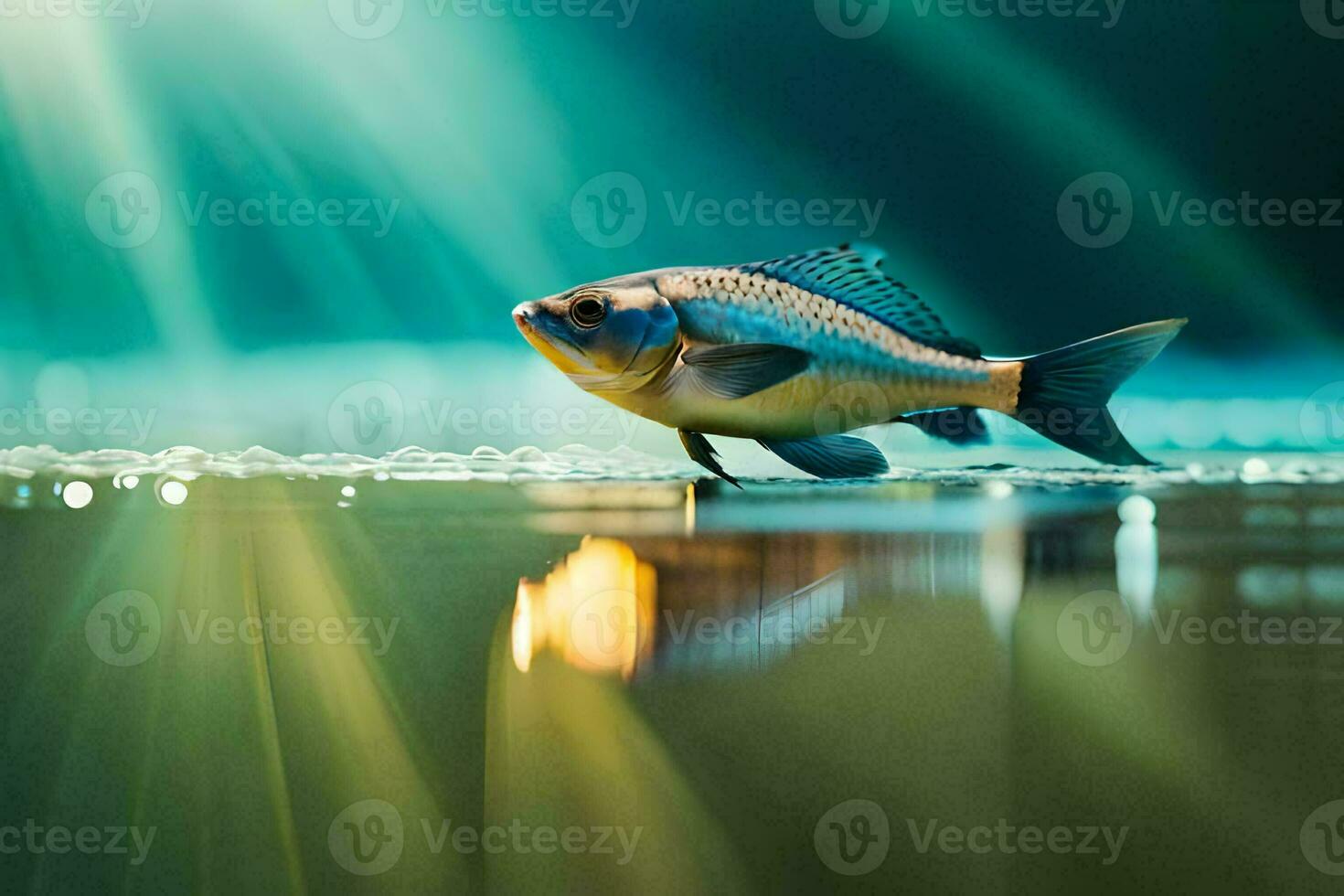 een vis is staand Aan de water met zonlicht schijnt. ai-gegenereerd foto