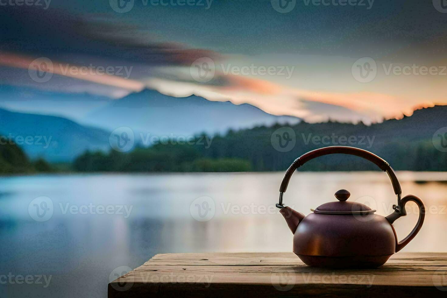 een theepot Aan een houten tafel in voorkant van een meer Bij zonsondergang. ai-gegenereerd foto