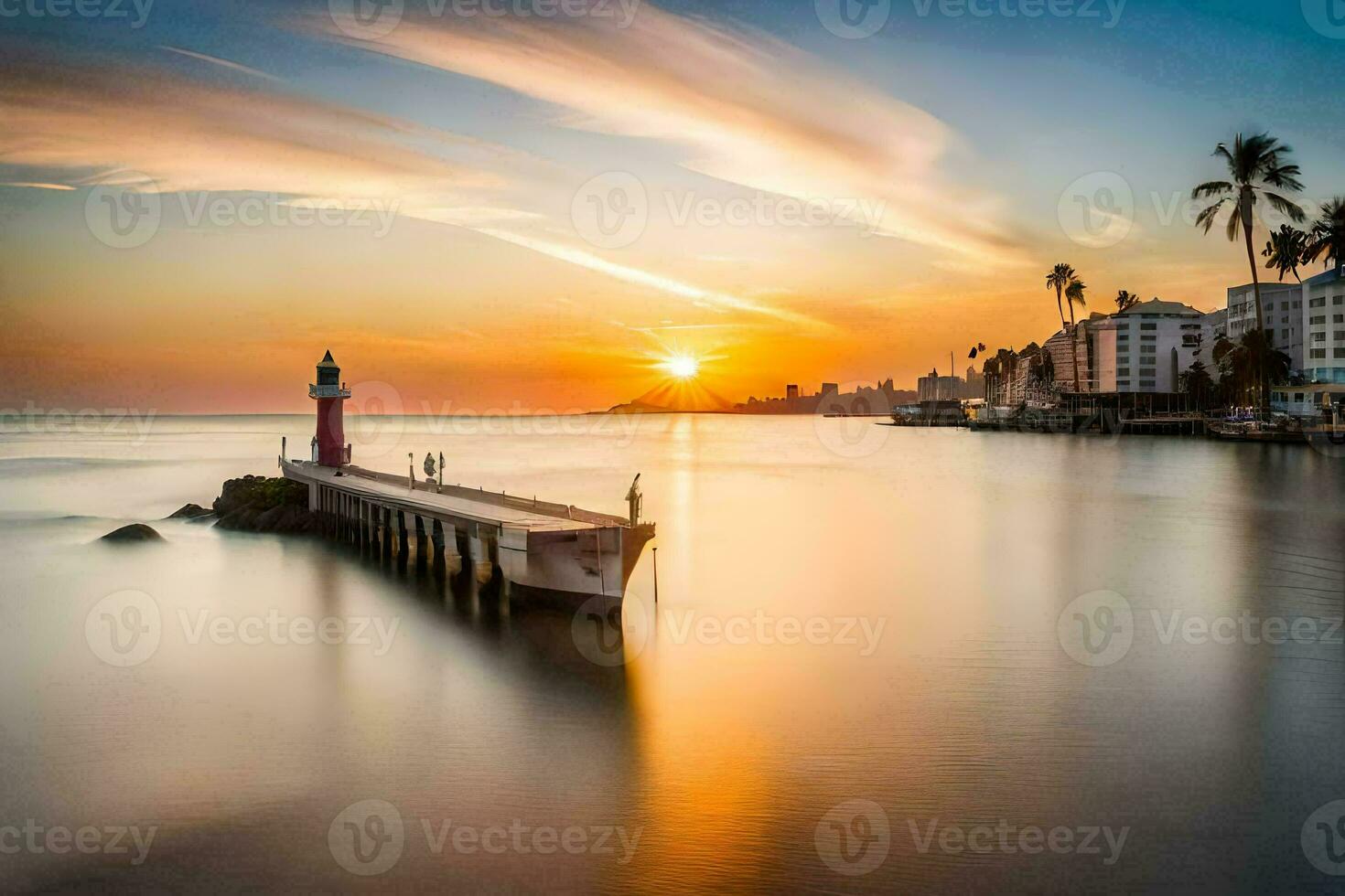 een vuurtoren in de water Bij zonsondergang. ai-gegenereerd foto