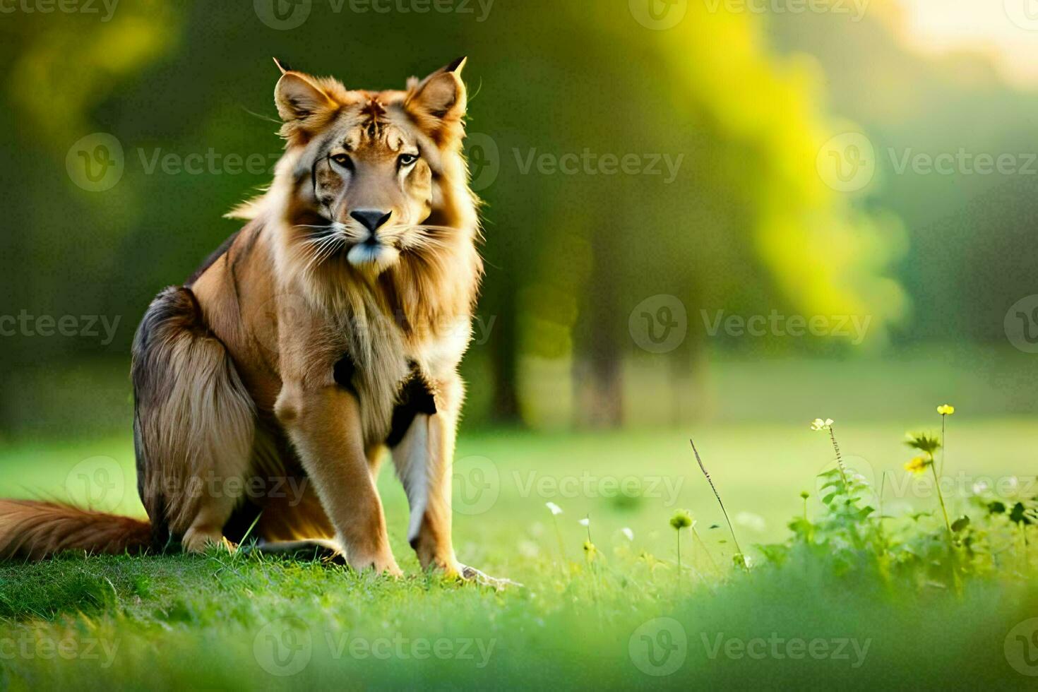 een leeuw zittend Aan de gras in de zon. ai-gegenereerd foto