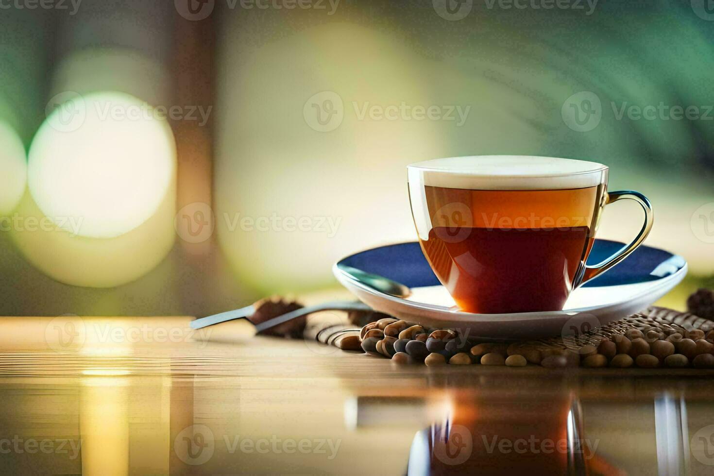 een kop van koffie Aan een houten tafel. ai-gegenereerd foto