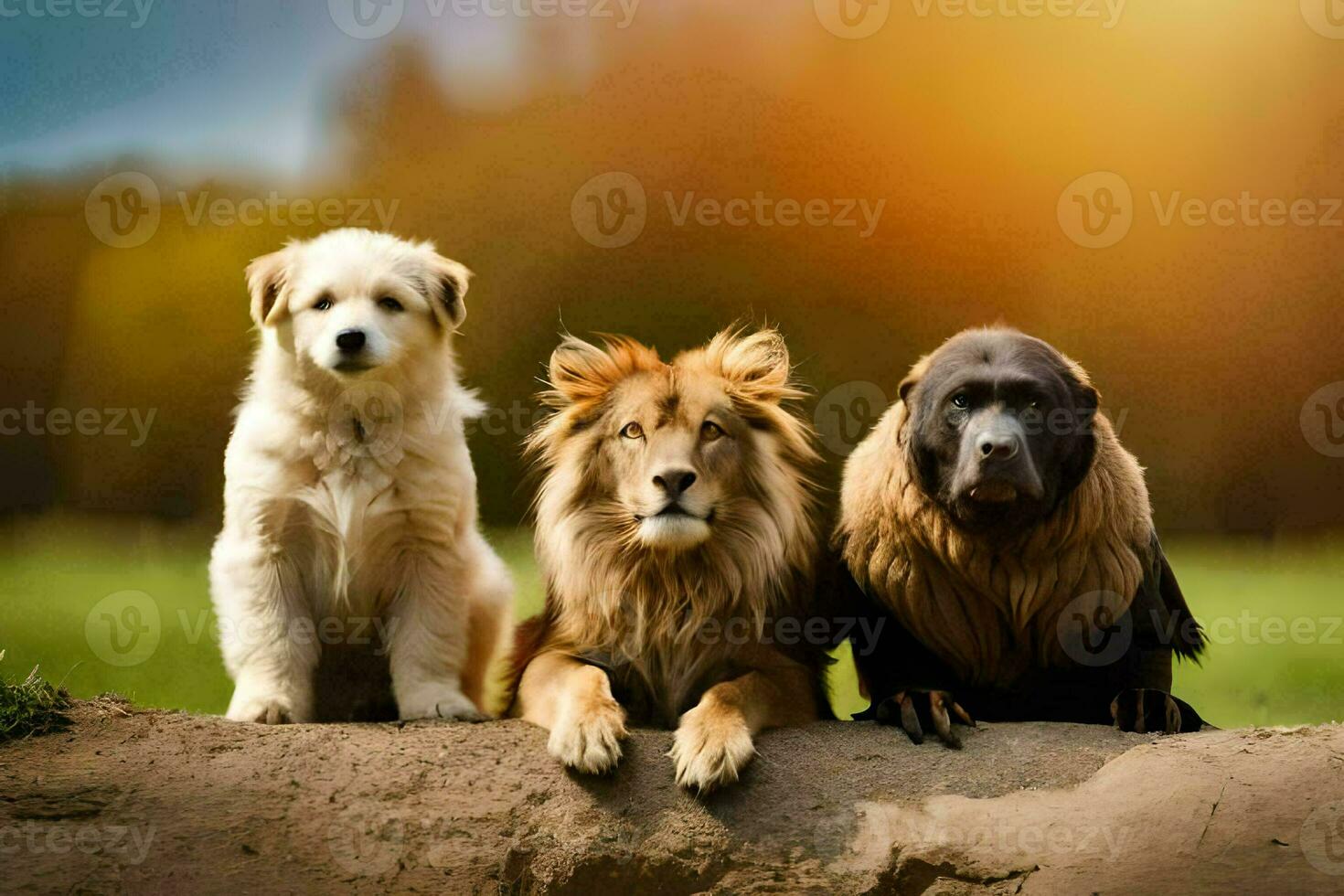 drie honden en een leeuw zittend Aan een steen. ai-gegenereerd foto