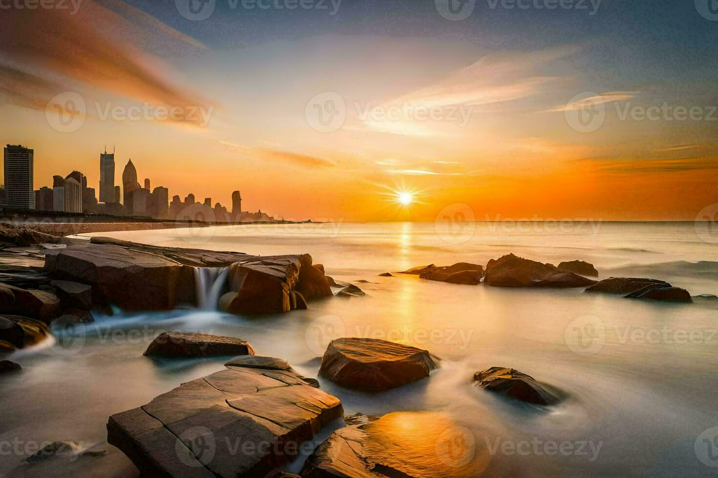 de zon stijgt over- de stad horizon en rotsen Aan de strand. ai-gegenereerd foto