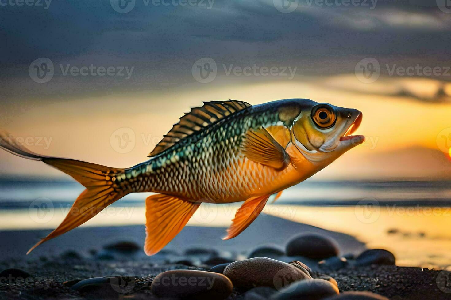 een vis is staand Aan de strand Bij zonsondergang. ai-gegenereerd foto