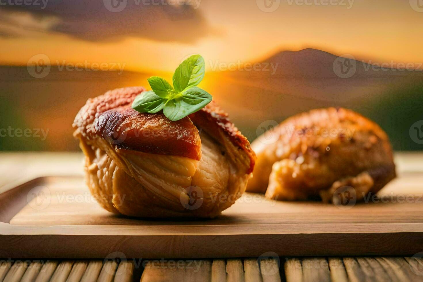 twee stukken van vlees Aan een houten bord met een zonsondergang in de achtergrond. ai-gegenereerd foto