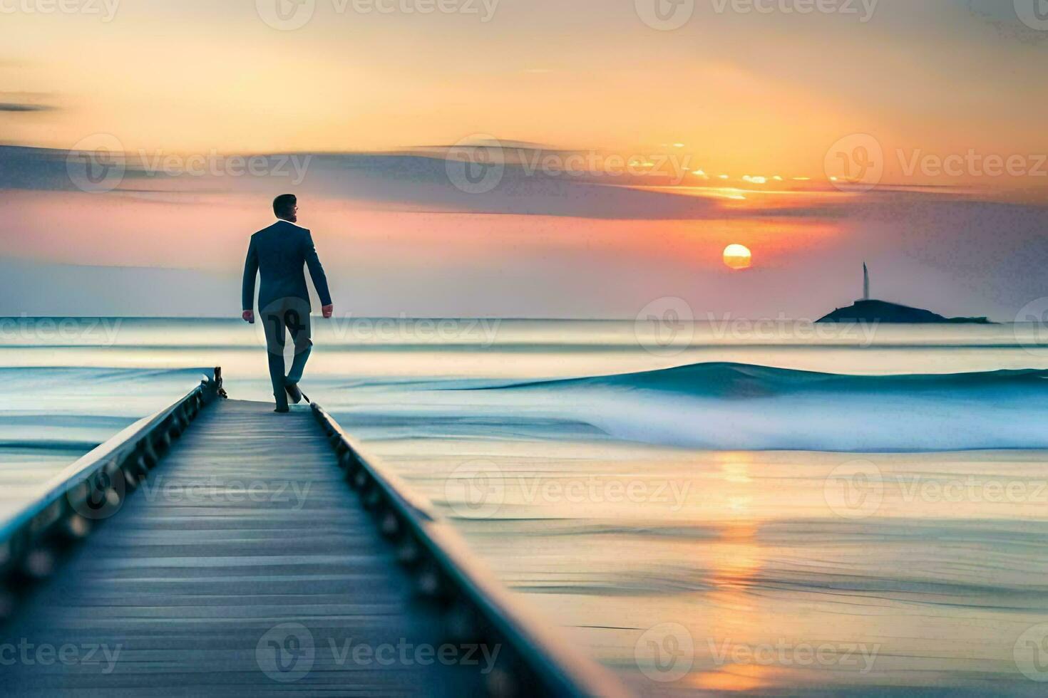 een Mens wandelen Aan een pier Bij zonsondergang. ai-gegenereerd foto