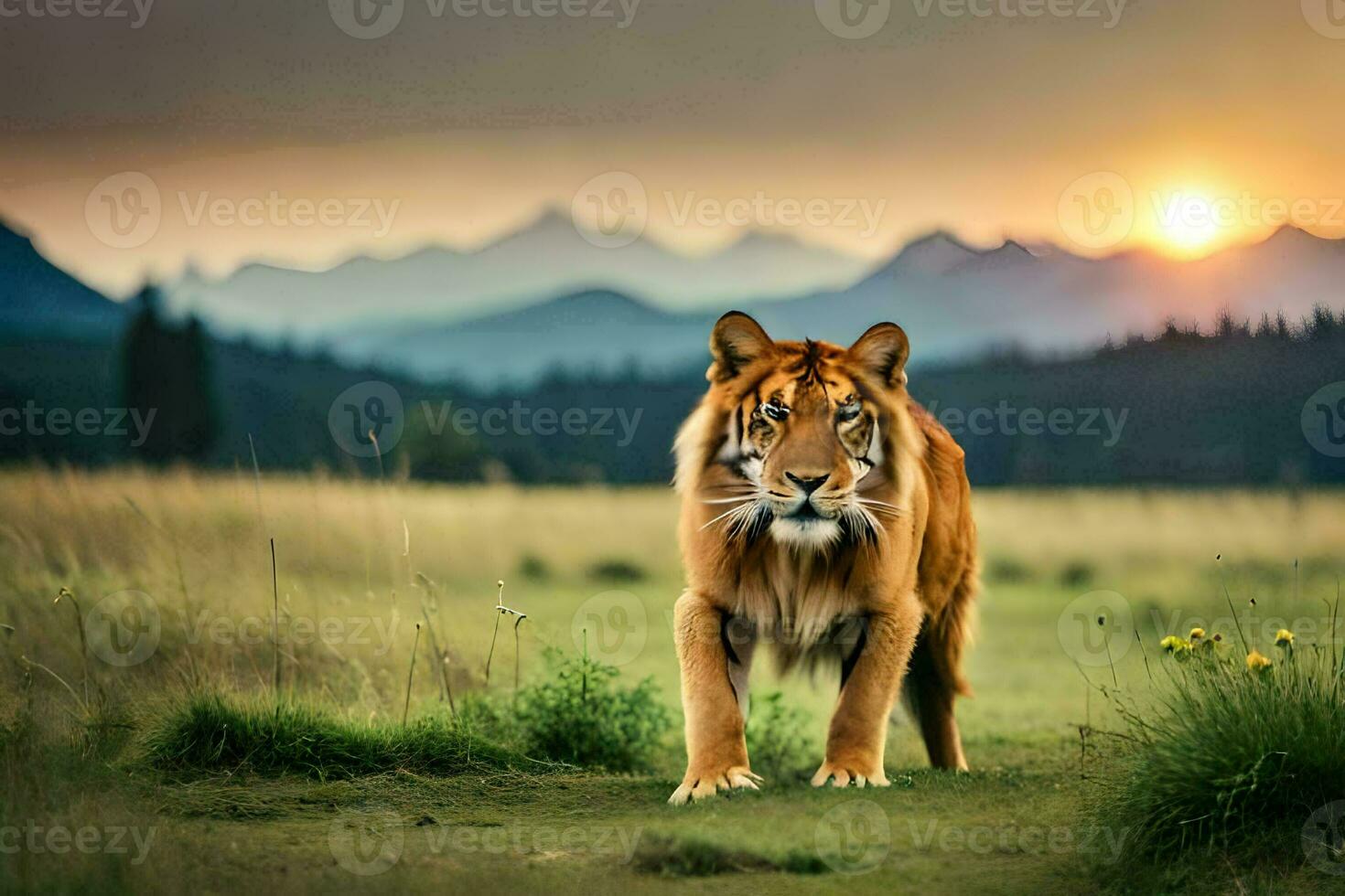 een tijger wandelen in de gras Bij zonsondergang. ai-gegenereerd foto