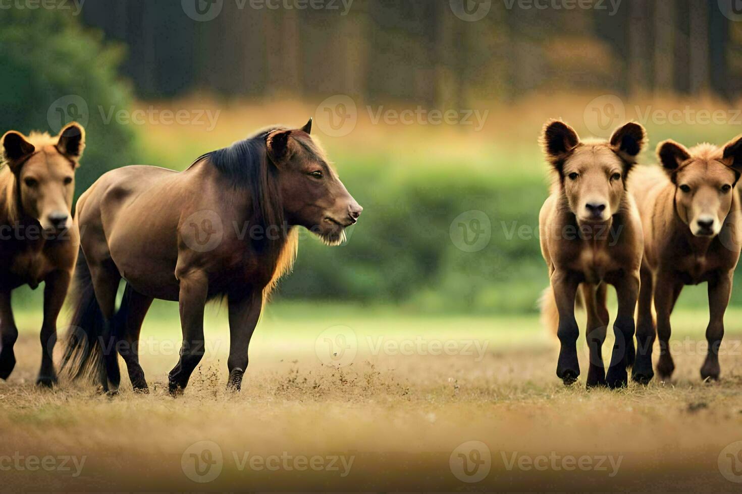 een groep van paarden wandelen in de veld. ai-gegenereerd foto