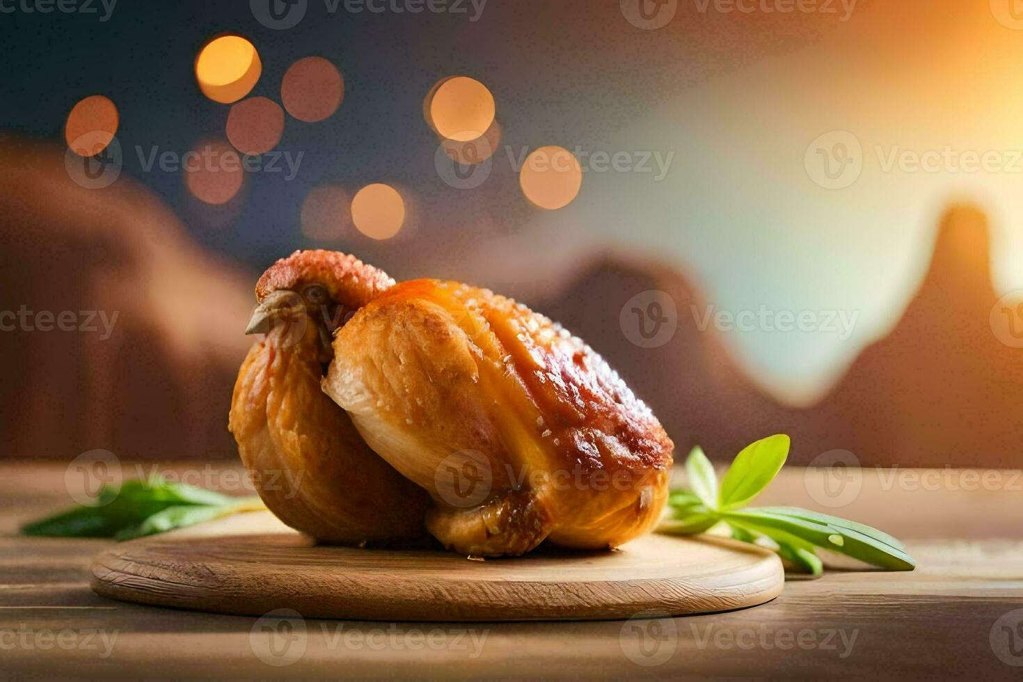 twee geroosterd kip Aan een houten bord met een zonsondergang in de achtergrond. ai-gegenereerd foto