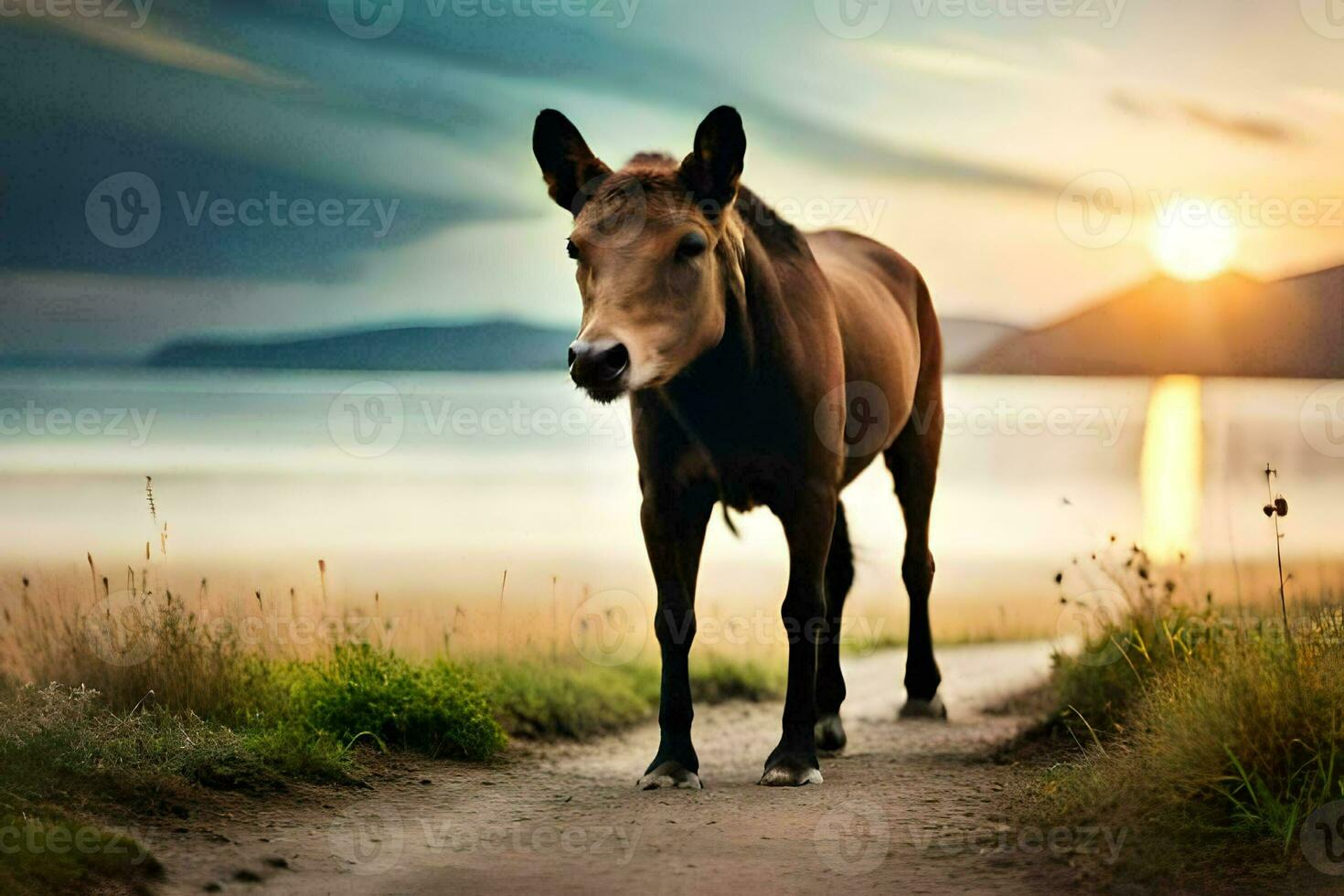 een paard is wandelen langs een pad in de buurt de water. ai-gegenereerd foto