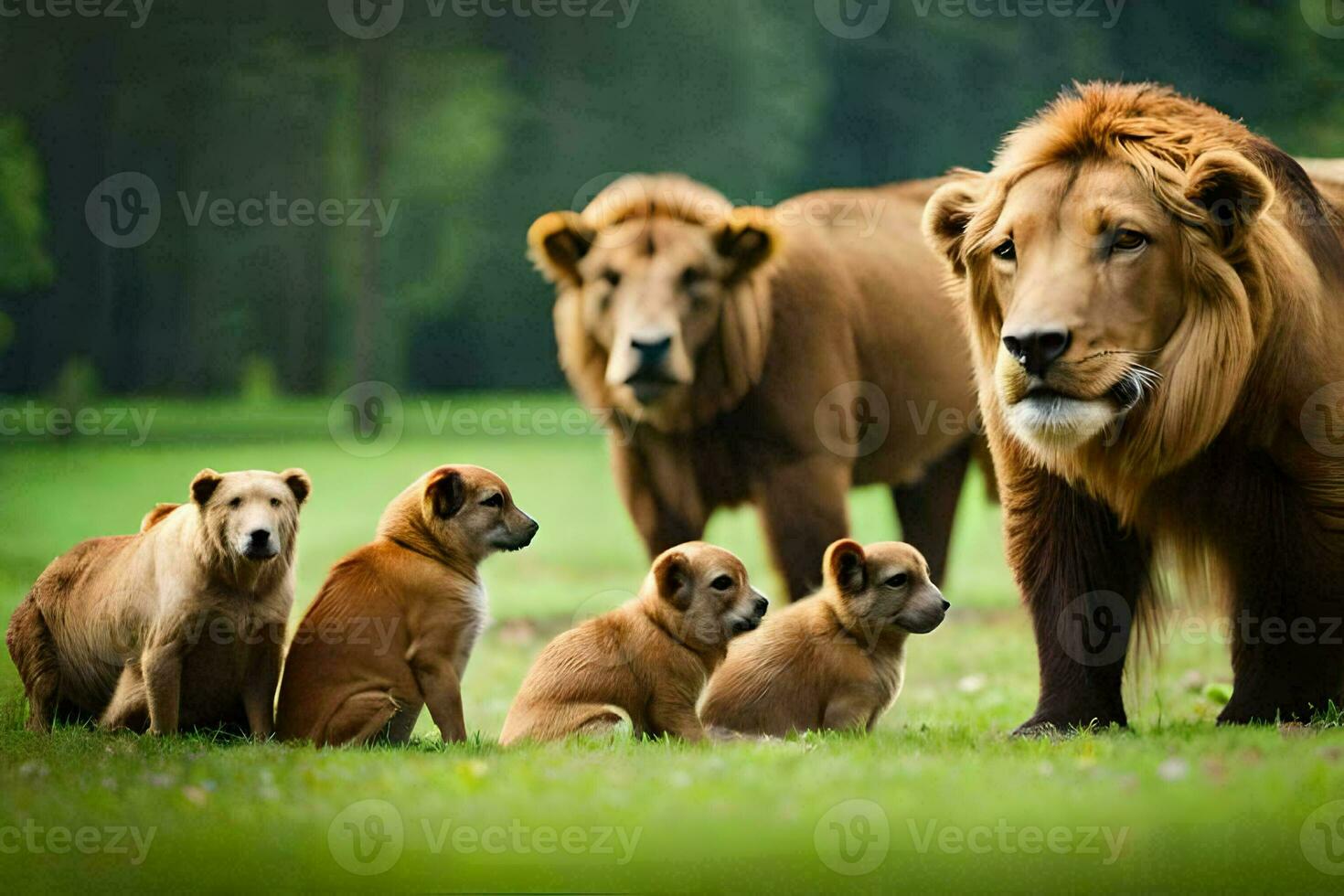 een leeuw en zijn welpen in een veld. ai-gegenereerd foto