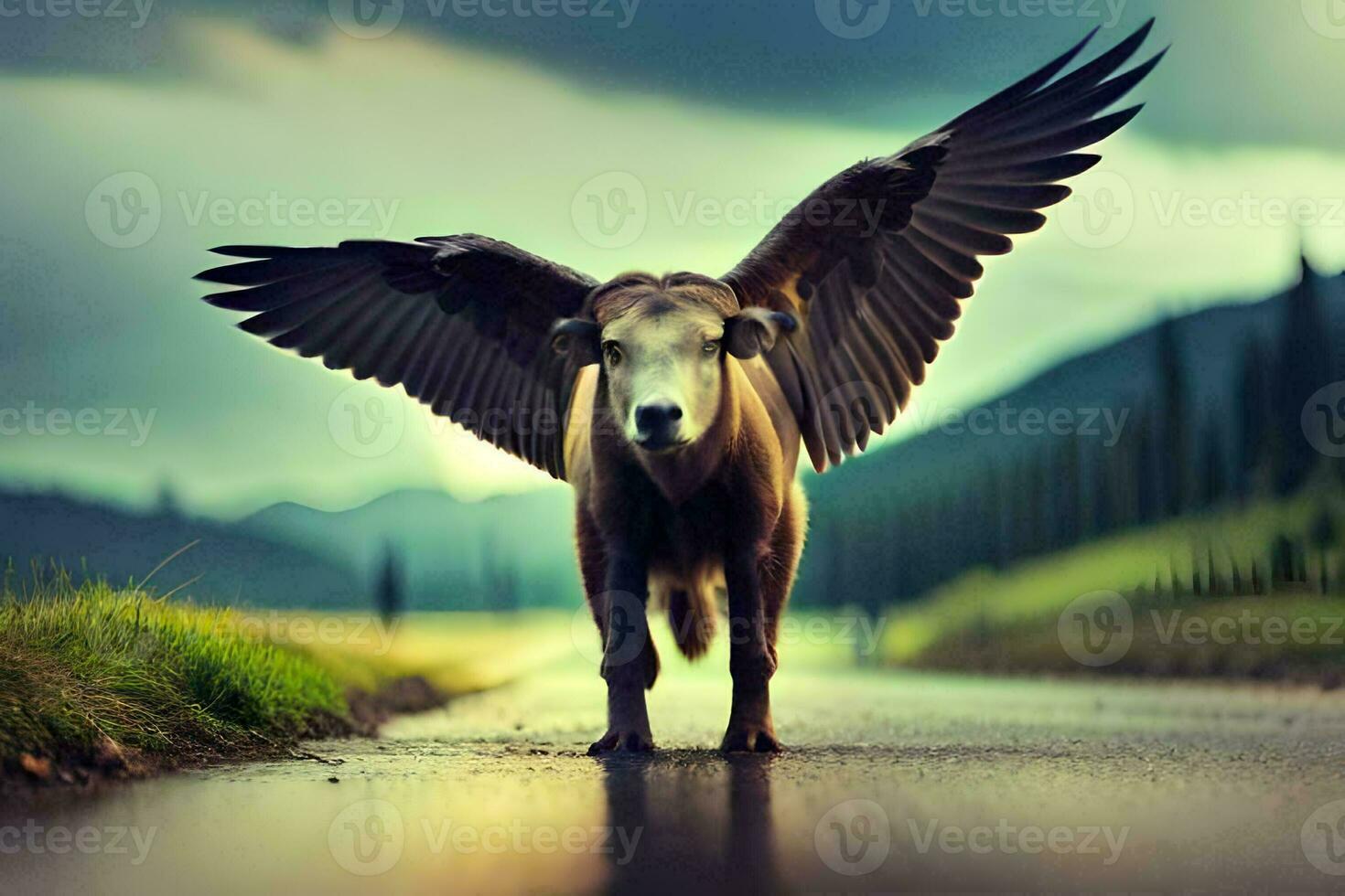 een stier met Vleugels verspreiding uit Aan de weg. ai-gegenereerd foto