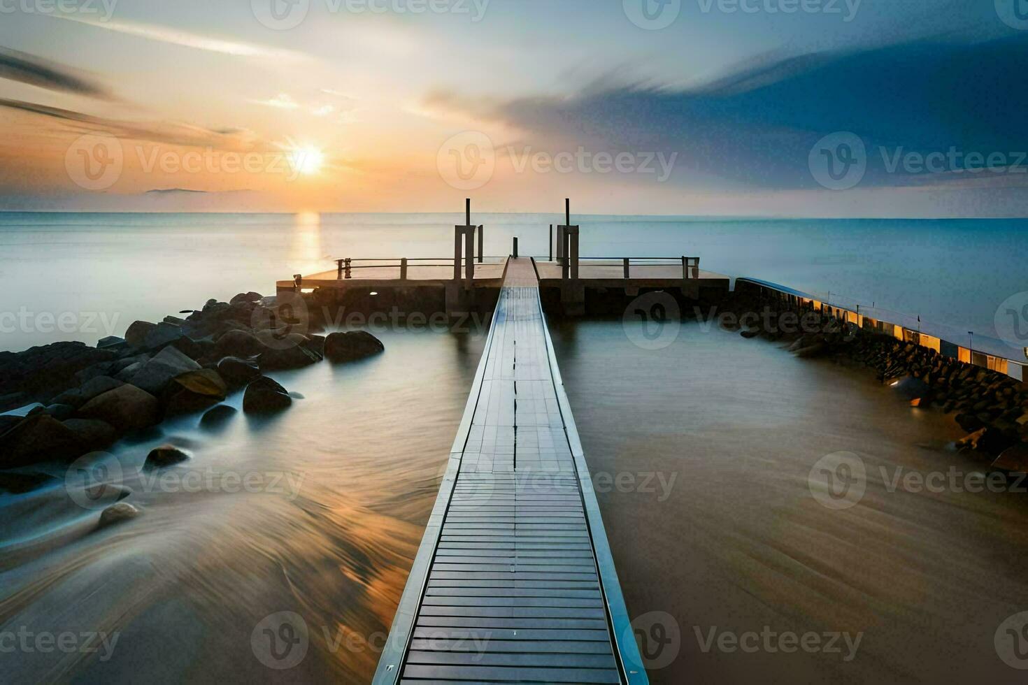 een lang blootstelling foto van een pier in de oceaan. ai-gegenereerd