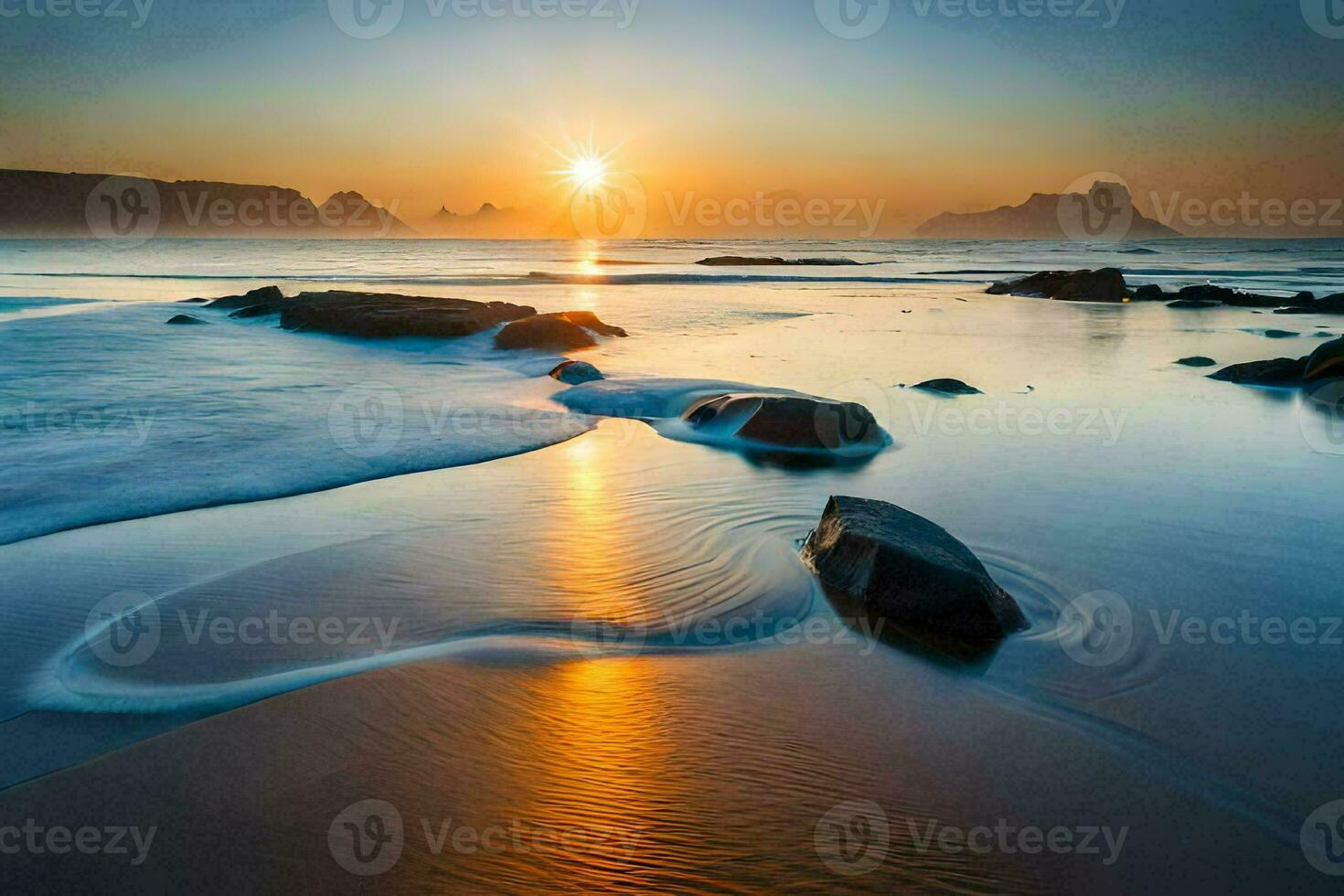 de zon stijgt over- de oceaan en rotsen Aan de strand. ai-gegenereerd foto