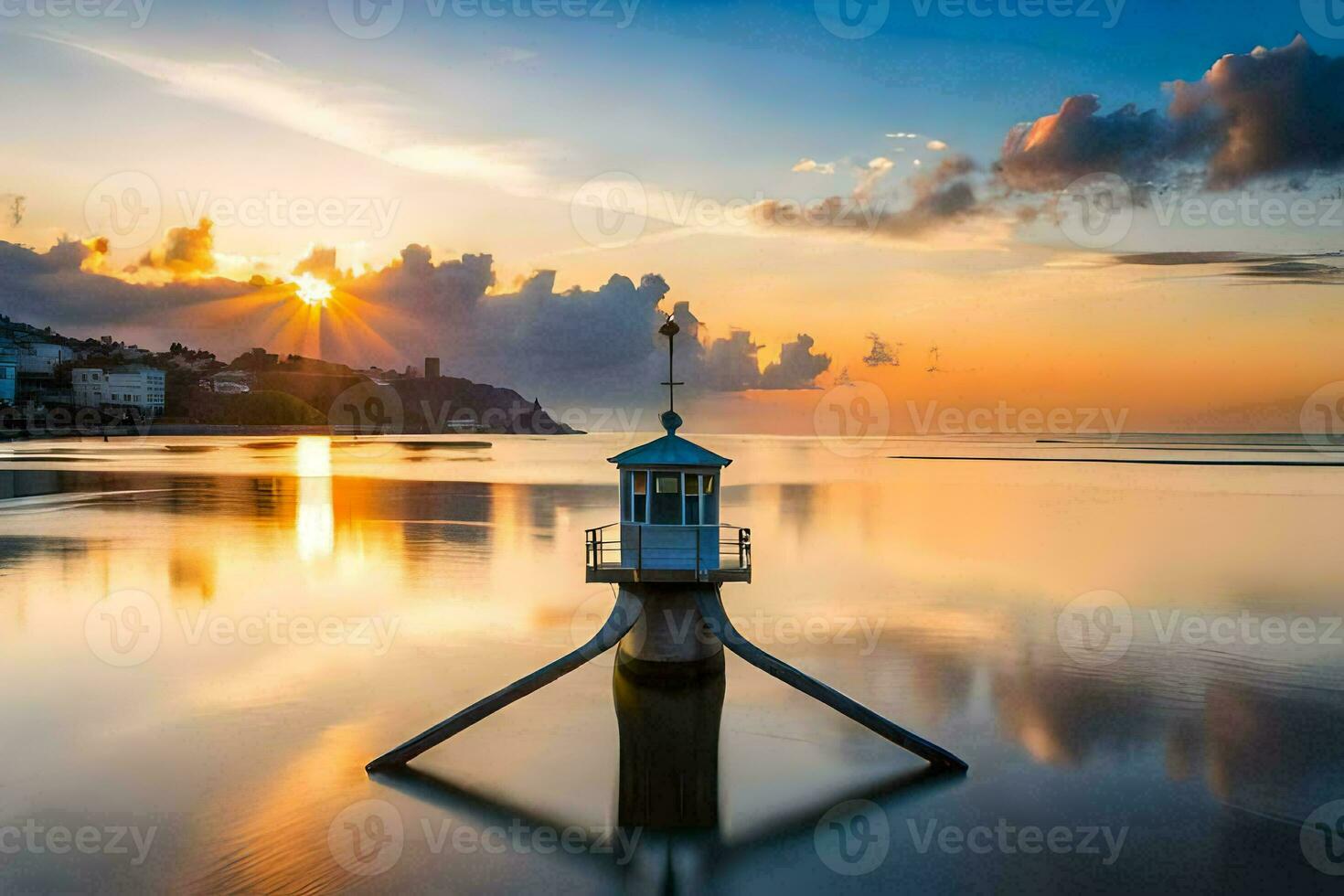 een vuurtoren staat Aan de kust van een lichaam van water Bij zonsondergang. ai-gegenereerd foto