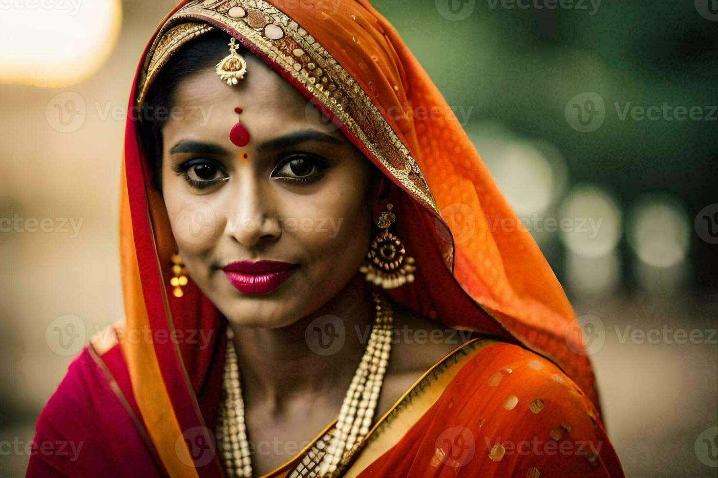 een mooi Indisch vrouw in een oranje sari. ai-gegenereerd foto