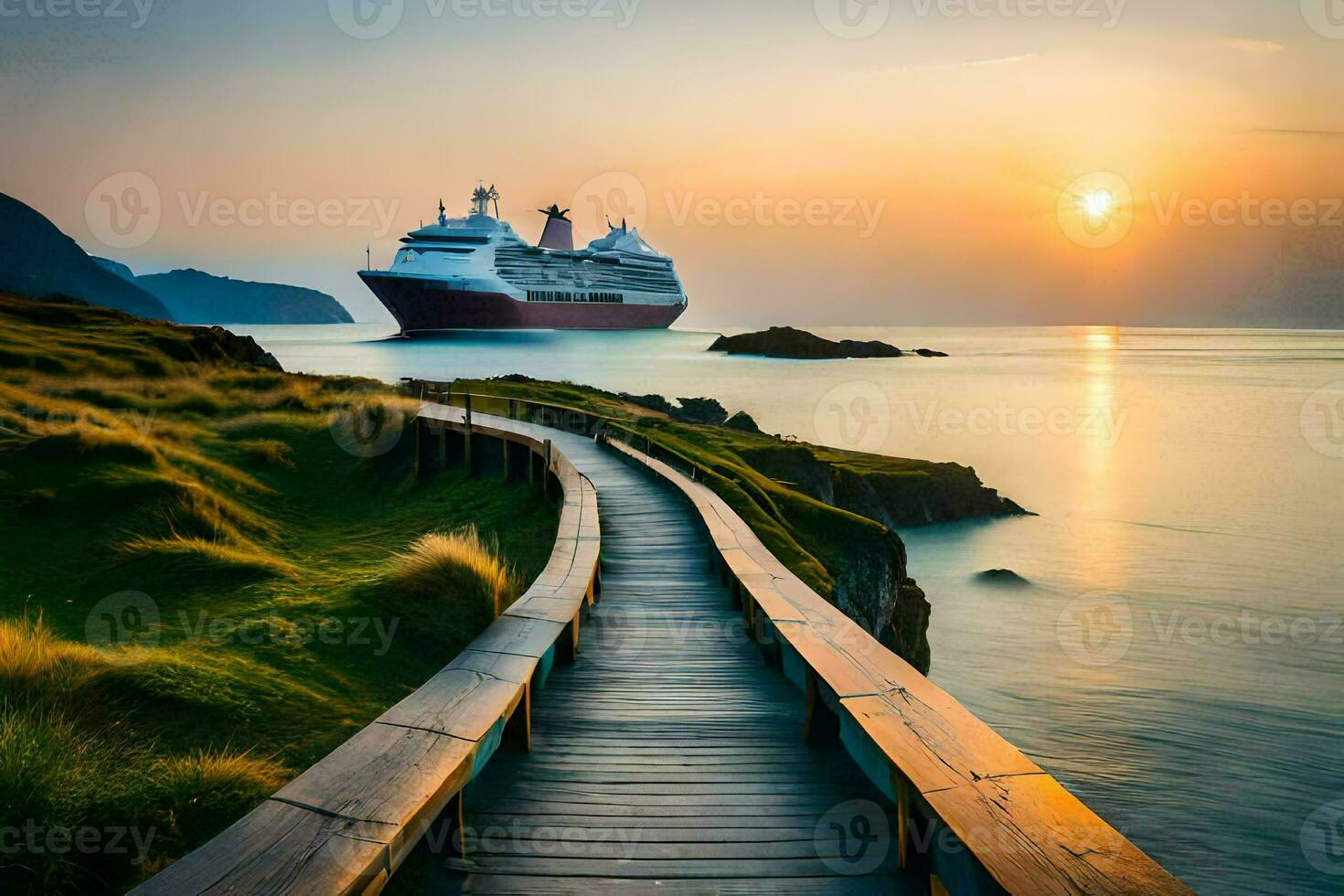 een reis schip in de oceaan Bij zonsondergang. ai-gegenereerd foto